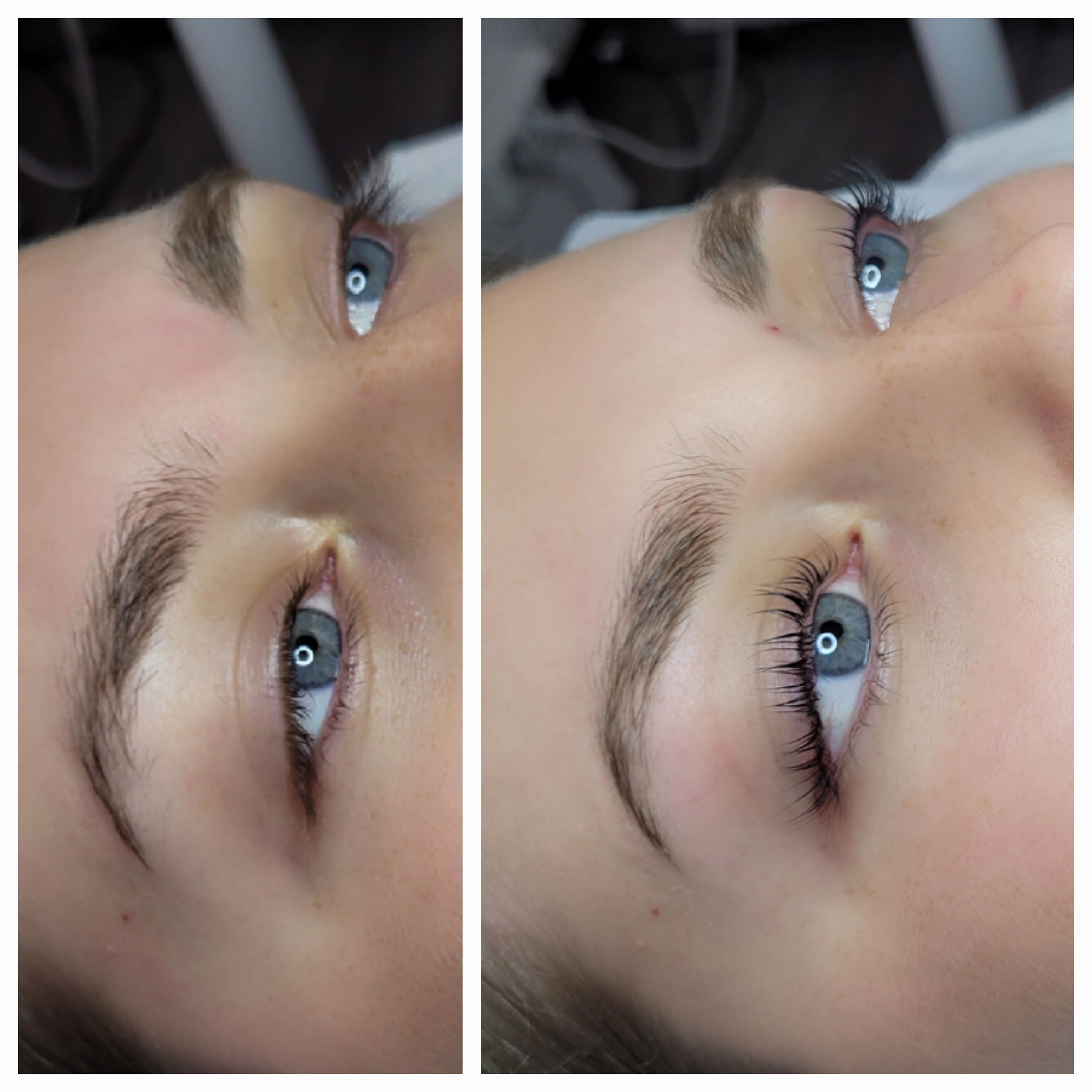 Eine junge Person mit blauen Augen blickt ruhig nach oben, das rechte Bild zeigt geschwungene Wimpern und deutliche Augenbrauen