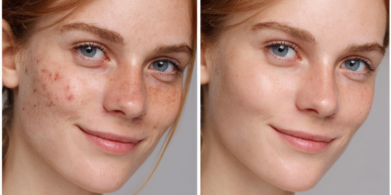 Geteiltes Bild, das das Gesicht einer Frau vor und nach einer Hautbehandlung gegen Akne zeigt. Veranschaulicht die Ergebnisse und Verbesserungen der Hautpflege.