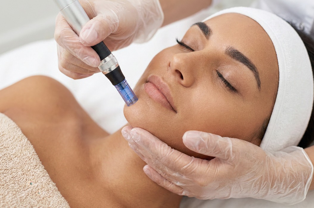 Nahaufnahme einer jungen Frau, die in einer Kosmetikklinik eine professionelle Mikronadel-Gesichtsbehandlung am Kinn zur Hautverjüngung erhält.