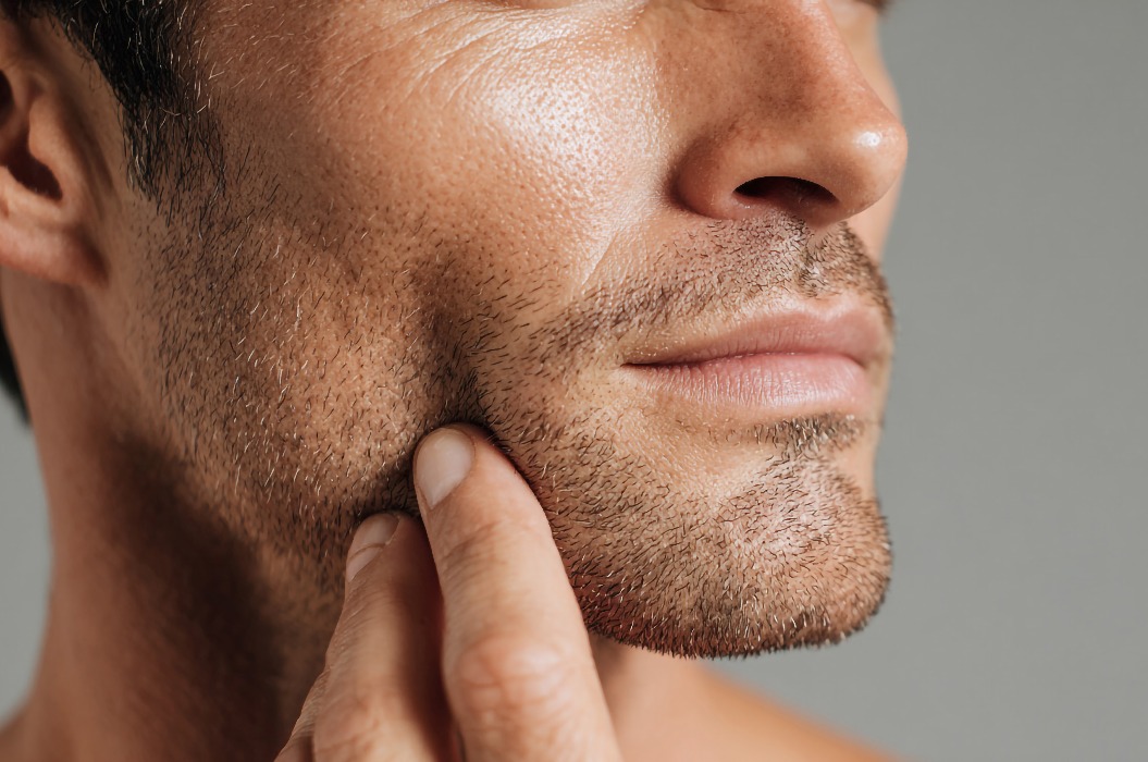 Nahaufnahme eines männlichen Gesichts: Hautpflege, Bart und Gesichtsbehaarung